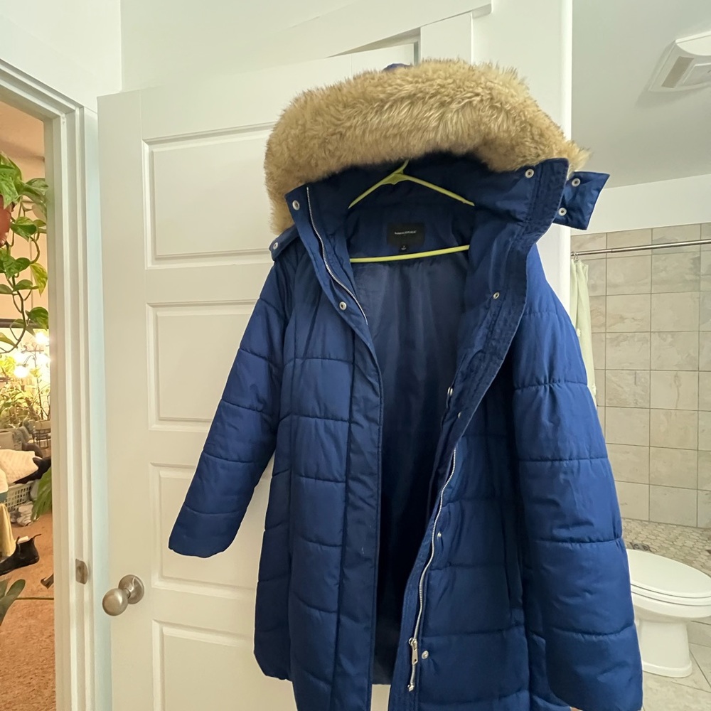 Banana Republic Navy Puffer Jacket with Faux Fur Trim